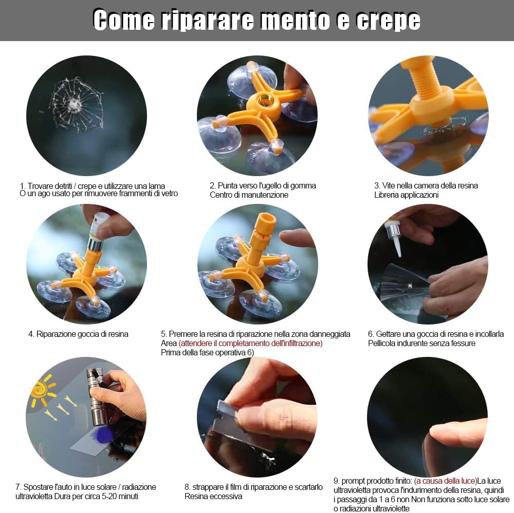 Manelord Car Kit di Riparazione Parabrezza, Auto Set di Riparazione Parabrezza per Chip e Crepe, Bulls-Eye, Ragnatela, a Forma di Stella, Nichel, Mezzaluna