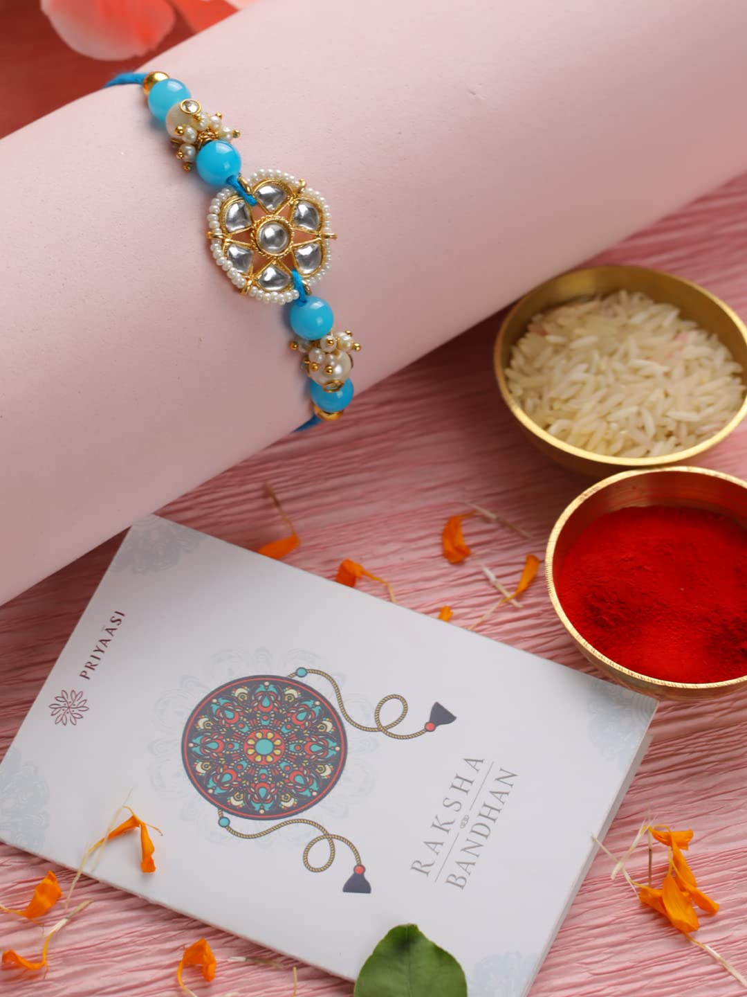 Priyaasi Blue Floral Kundan Rakhi for Brother, Gift for Brother, Thread Rakhi for Men with Roli & Chawal - Image 4 thumbnail