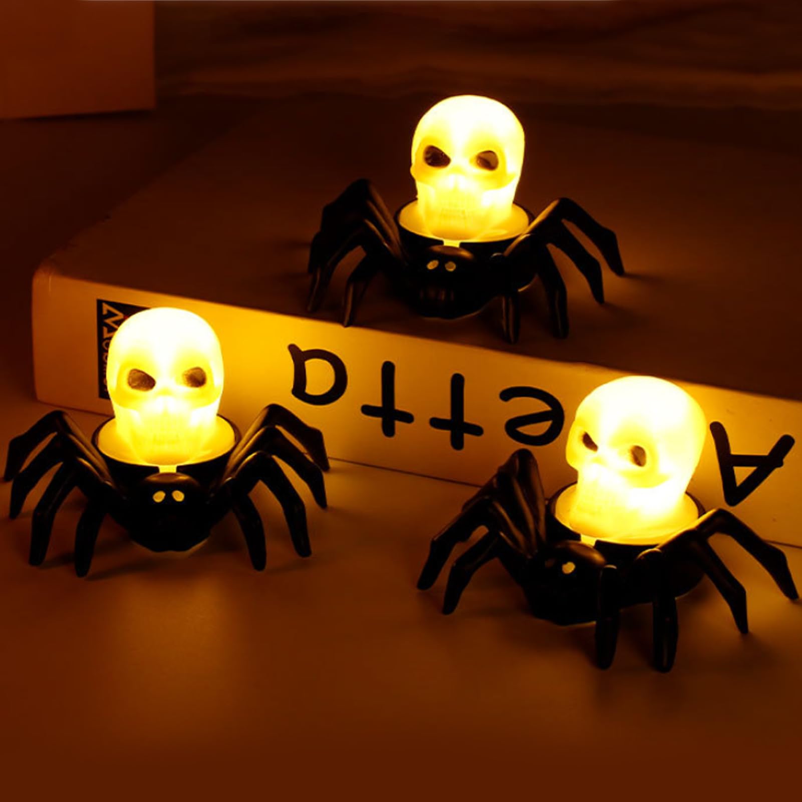 SURPZON Halloween-Spinnen-Teekerzen – 2 Stück, LED-flackernd, Mit Augäpfeln, Flammenlose Deko
