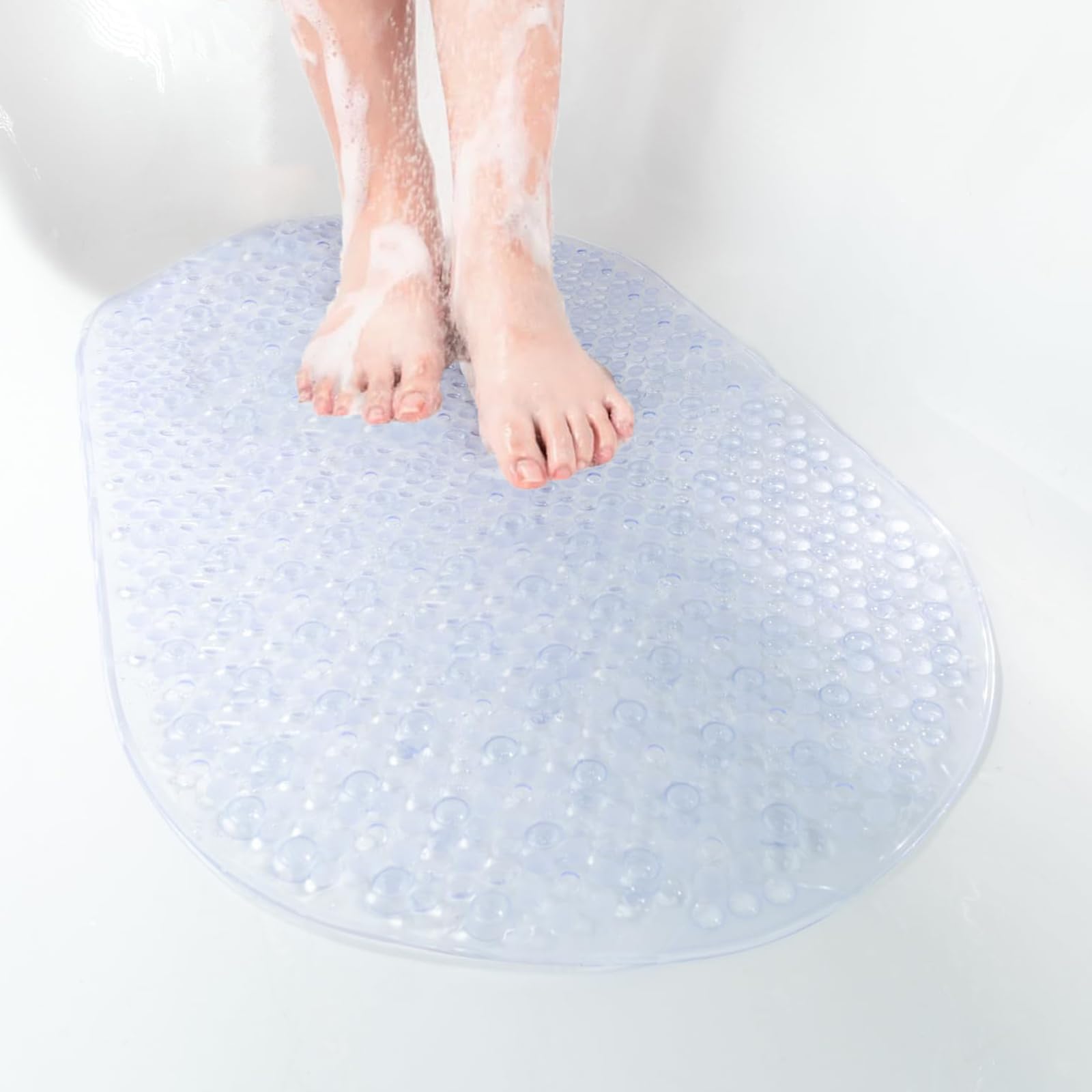 Oval Bath Mat Non Slip Anti Mould, 69 x 39 CM Anti Slip Shower Mat for Bathroom, Machine Washable Bubble Bathtub mat with Suction Cups and Drain Holes, Soft on Feet, Clear