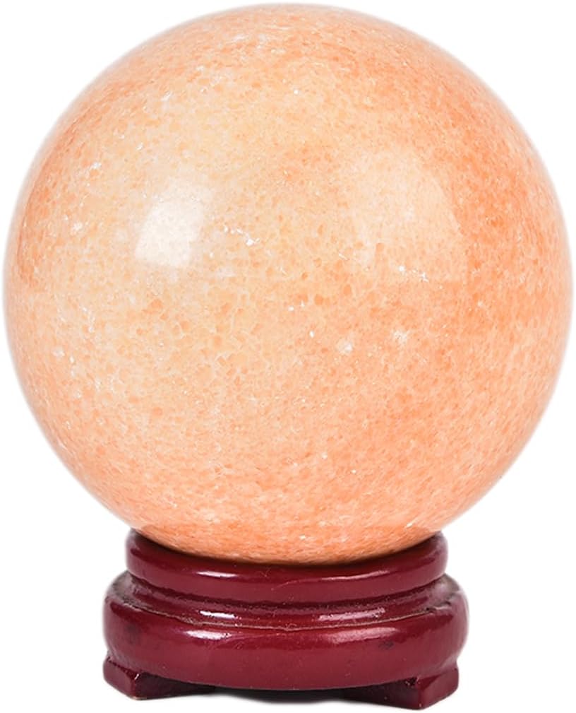 JIC Gem Big Sparkling Quartz Crystal Ball Sunstone Healing Crystal Gemstone Sphere with Decorative Wooden Stand for Meditation Gifts Decoration (80-90mm)
