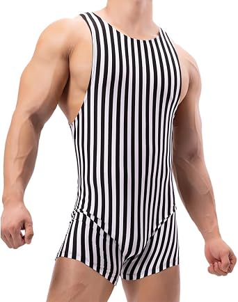 Men Athletic Supporters Striped Bodysuits Boxers Wrestling Singlet Sleeveless Active Jumpsuits Underwear Leotard