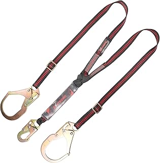 KStrong UFL201331 Shock Absorbing Lanyard, Adjustable Length, Twin Leg Energy Absorber with External Shock Pack & Dual Rebar Hooks 6-Ft, Black/Red
