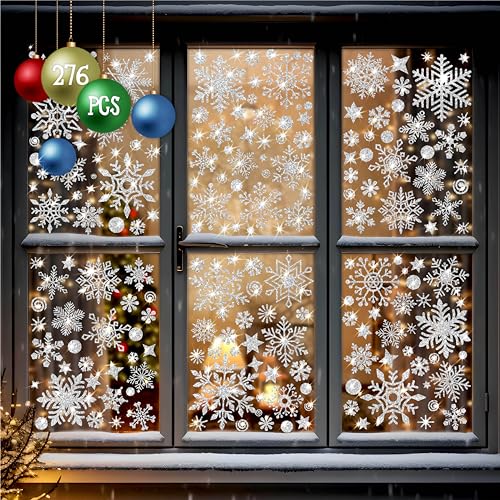 276PCS Glitter Snowflake Window Clings, 35+ Designs Double Sided Static Stickers Window Decoration Christmas Ornaments Reusable Winter Party Supplies New Year Decals for Winter Holiday (8 Sheets)