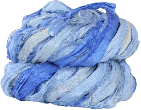 Knitsilk Recycled Sari Silk Ribbon Yarn, Blue Ombre Ribbon Yarn for Crochet, Knitting, Weaving & Jewelry Making, Unique Textured Craft Yarn, 50g Approx. 30 Yards, Pack of 1