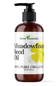 Sweet Essentials Premium Organic Meadowfoam Seed Oil, Imported From Canada, 8oz with Pump, 100% Pure, Cold Pressed - For Hair, Skin and Nails | Perfect Carrier Oil | Also Excellent For Mature Skin