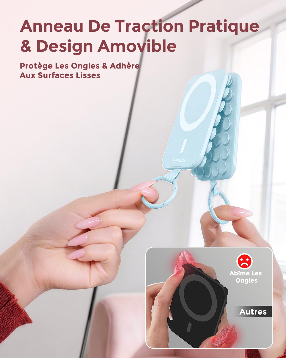Syncwire Support Téléphone Magnétique en Silicone avec Ventouse Puissante – Anneau Magnétique Compatible MagSafe pour iPhone/Android, Mains Libres, Selfies & Vidéos TikTok, Bleu