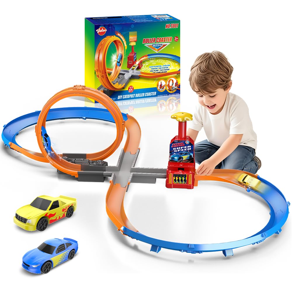 VATOS Slot Car Racing Track Set for 5-7 Years Boys - Manual Acceleration Kids Slot Machine Racing Track with 360 Degree Track,Diy Catapult Roller Coaster 3 4 5 6 7 8 9 10 Boys Girls