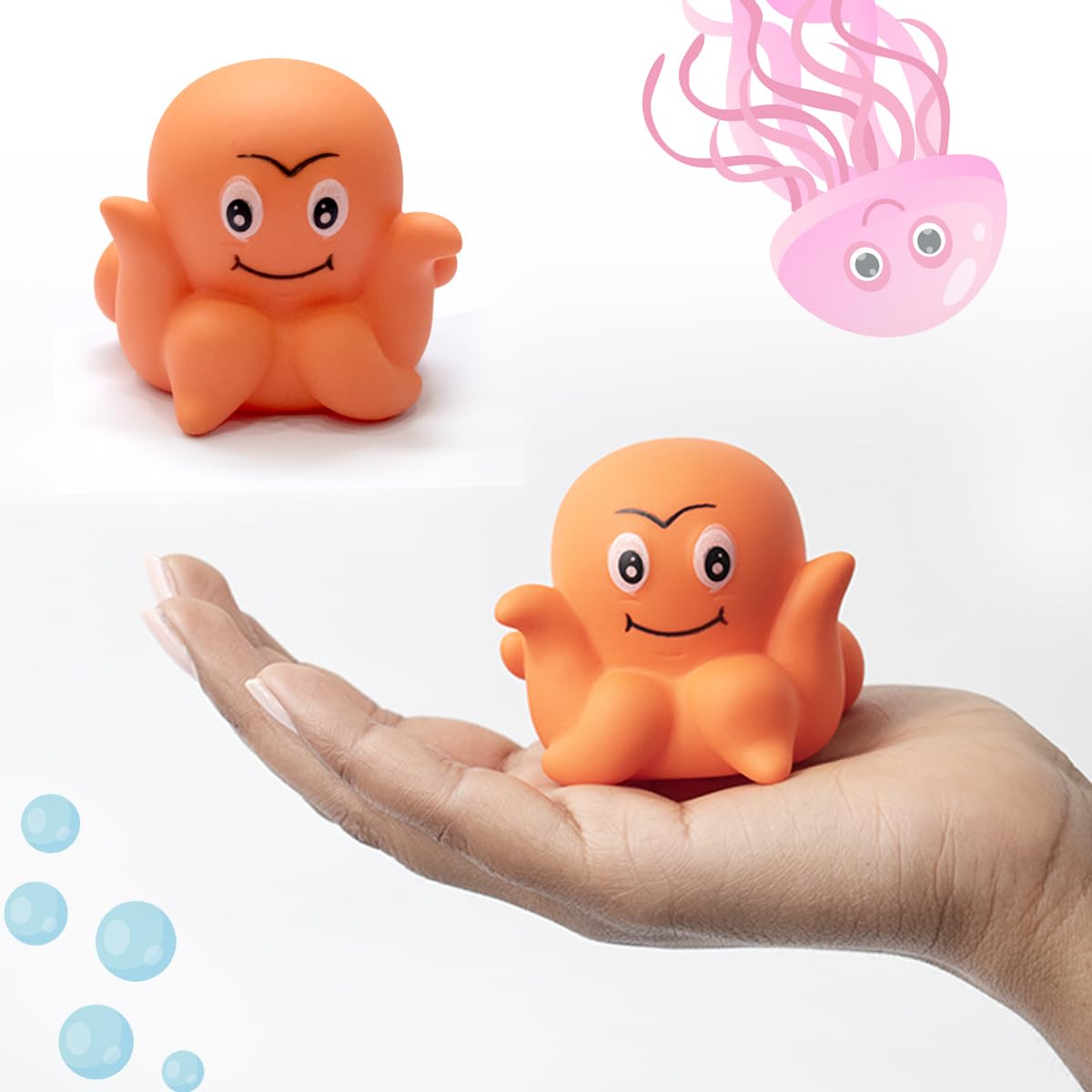 Amazon Brand - Jam & Honey Baby Bath Toy Set for Toddlers 3+ Months, 10 Pieces, Floating Sea Animal Squeeze Toys, Soft Chuchu Bath Toys for Kids & Babies, BPA Free, BIS Certified Safe for Kids 4