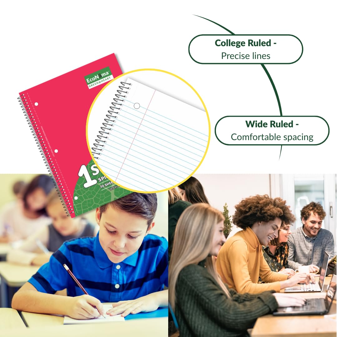 Cuaderno con espiral, rayado universitario, 140 páginas (70 hojas) de 8 x 10.5 pulgadas, carbono perforado neutro, 3 agujeros, ecológico, suministros escolares y de oficina, paquete de 6