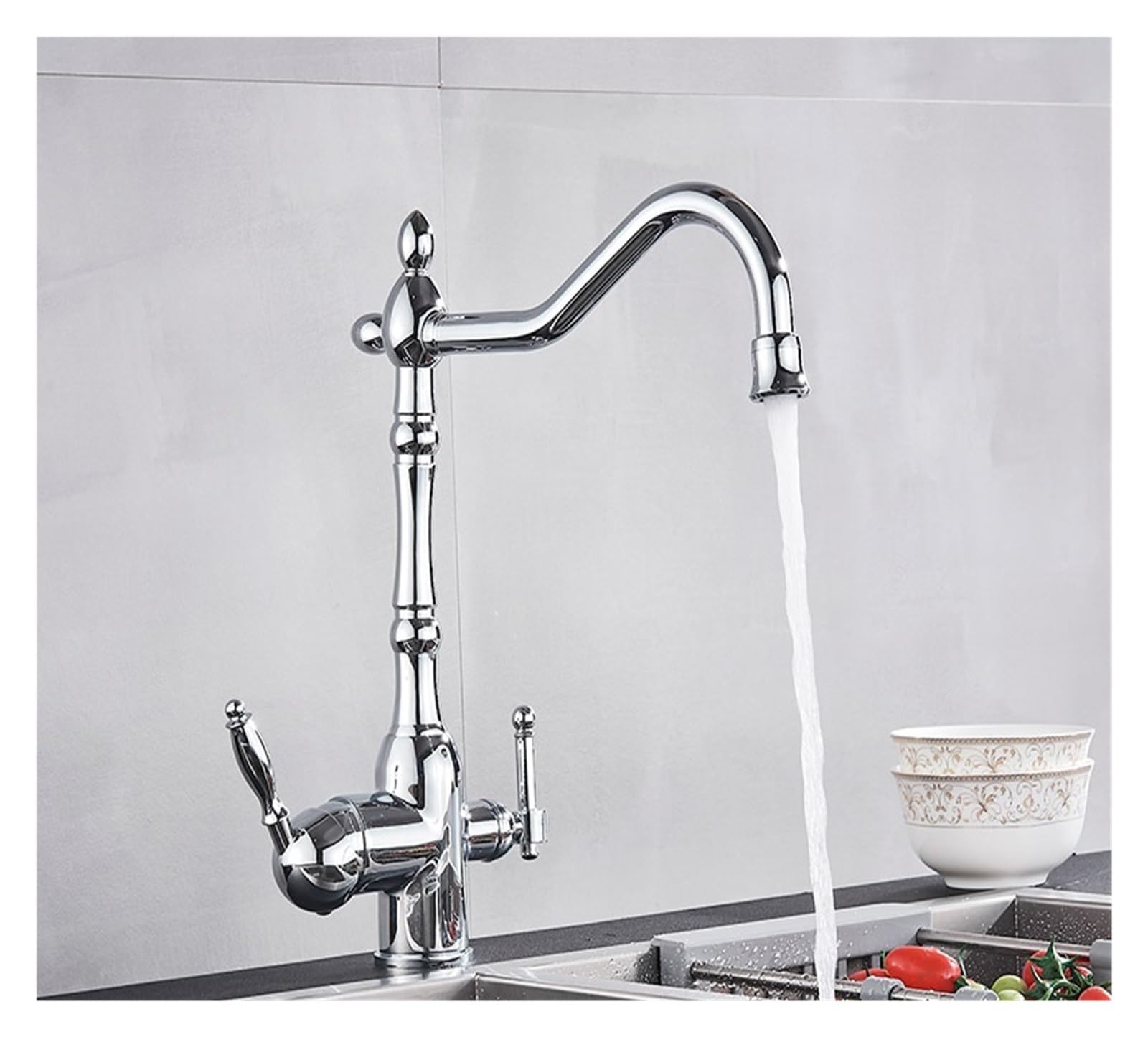 VDOQTLJT 1PCS Kitchen Faucet Black Drinking Water Filter Double Handle Brass Purifier Container Sink Mixer hot and Cold(Cromo)