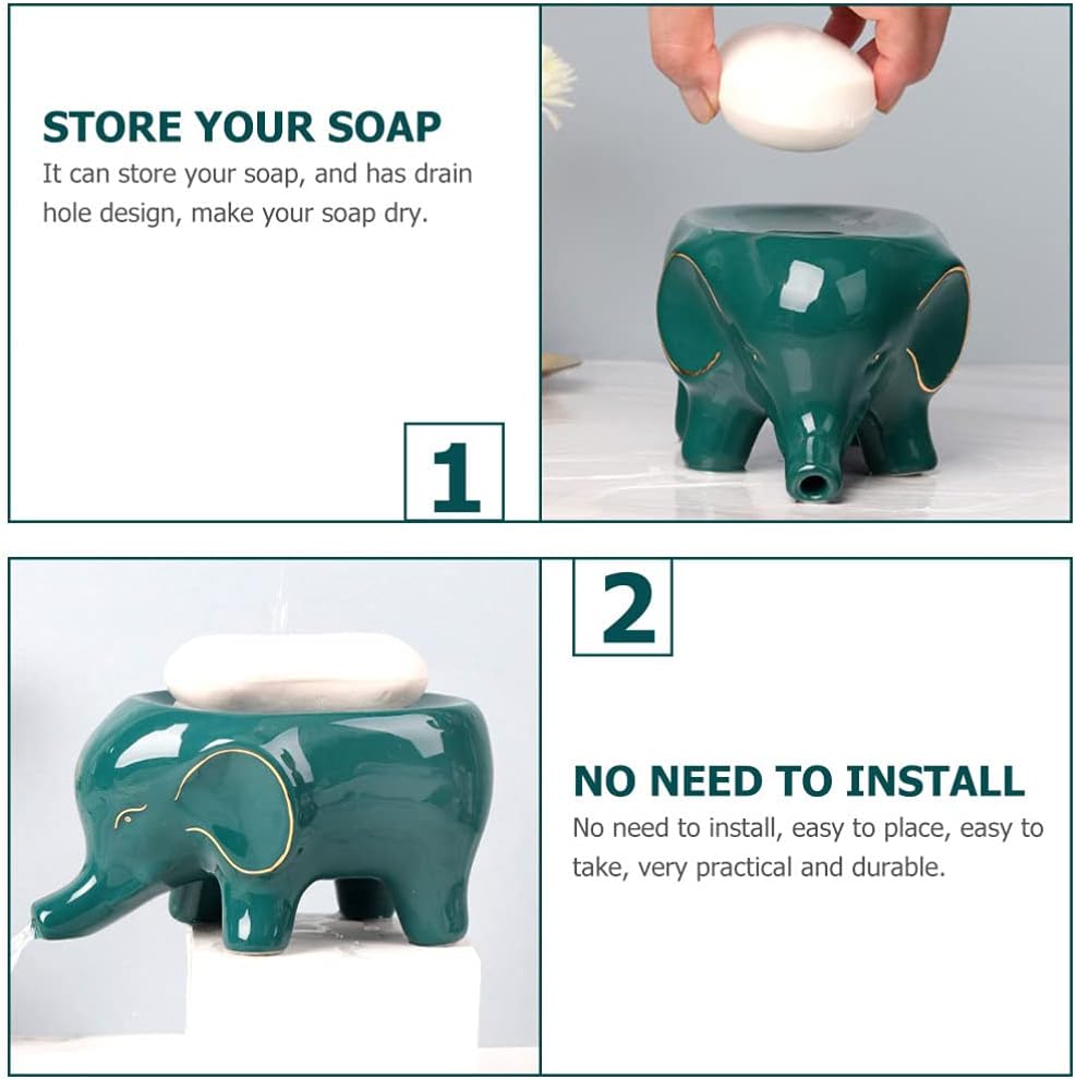 Ceramic Soap Dish Elephant Soap Holder Self Draining Dishes Saver Container Holder for Shower Bar for Bathroom (Green)