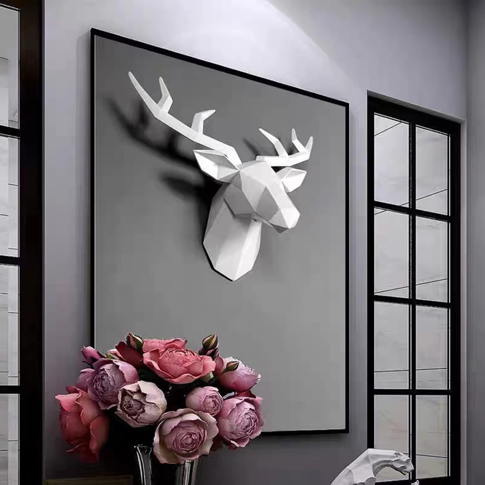 XYQXYQ Testa di Cervo Geometrica Scultura da Parete Moderna - Statua 3D da Appendere, Decorazione in Resina per Soggiorno e Galleria - Regalo (Bianco)