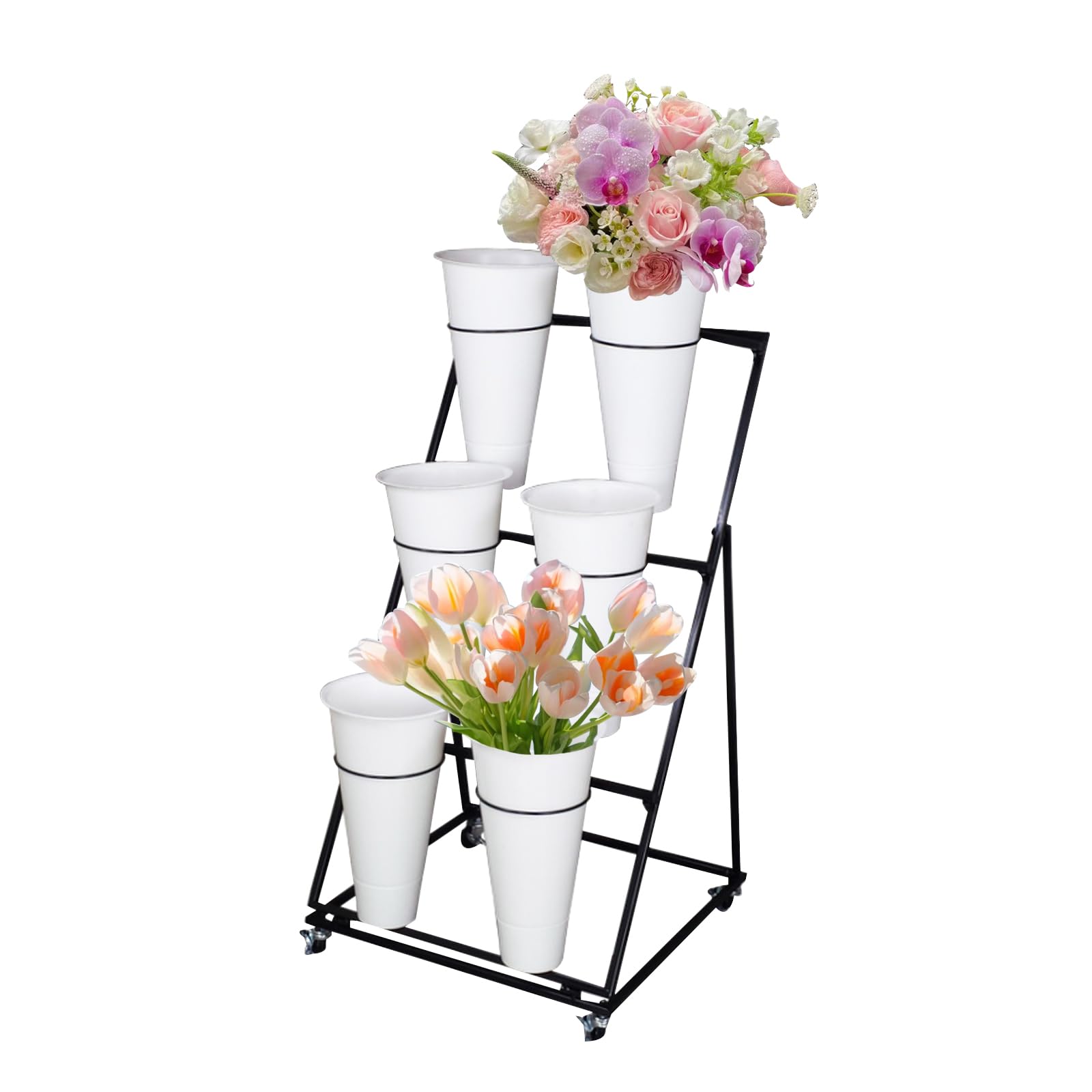 DFGHNBVC Metal Heavy Duty Moving Plant Cart With Wheels, Wrought Iron Florist Shelf For Livingroom, Garden, Indoor, Outdoor, Patio,3 Tier 6 White Bucket