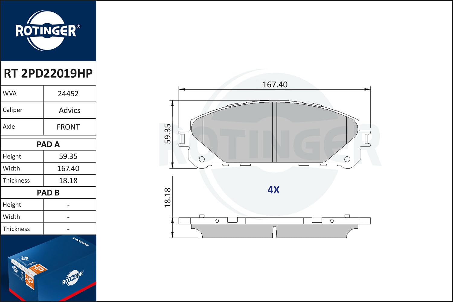 Klocki hamulcowe ROTINGER (Przód) RT 2PD22019HP, ECE R90, Komplet 4 sztuk