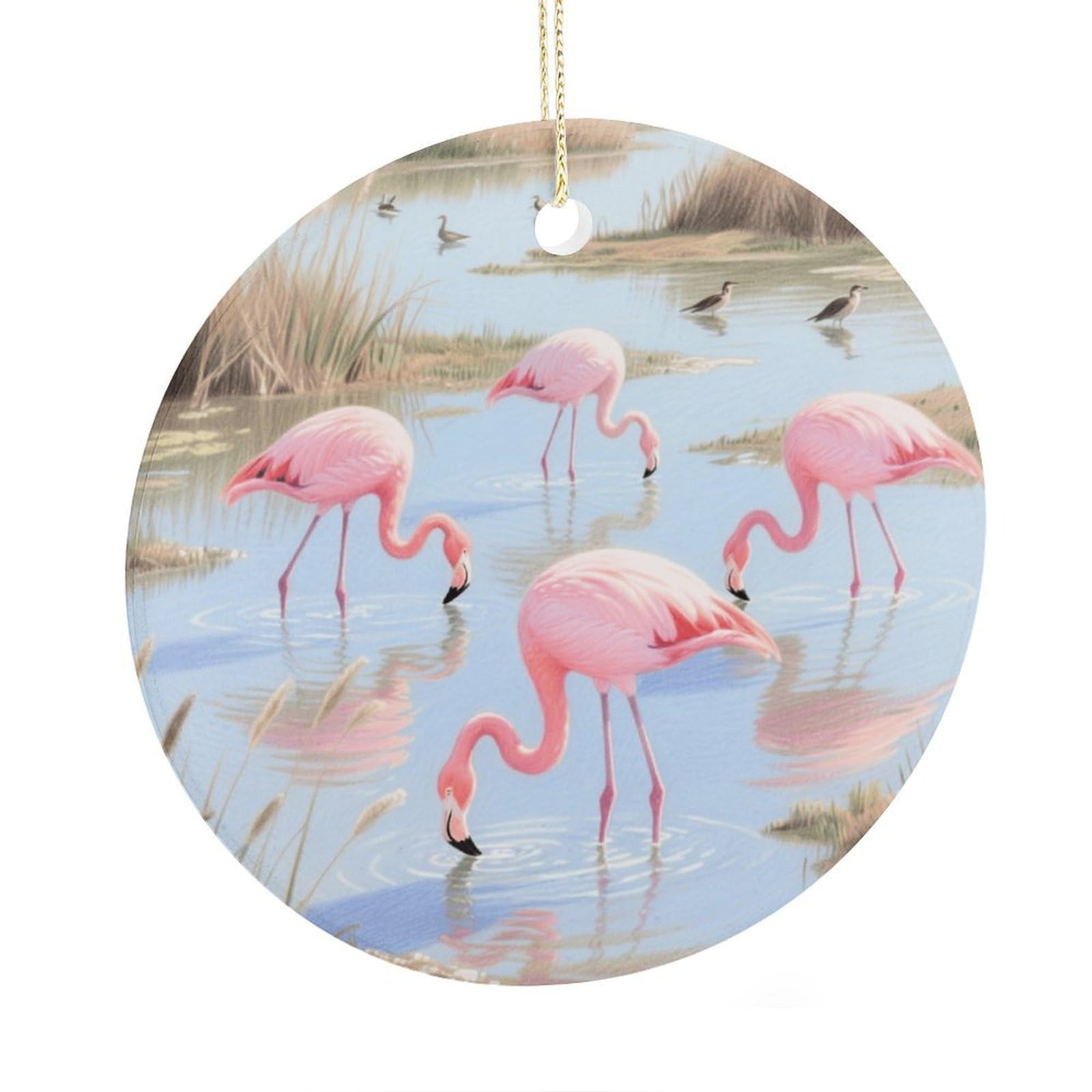 Foraging Flamingos Ceramic Ornament Hanging Decor
