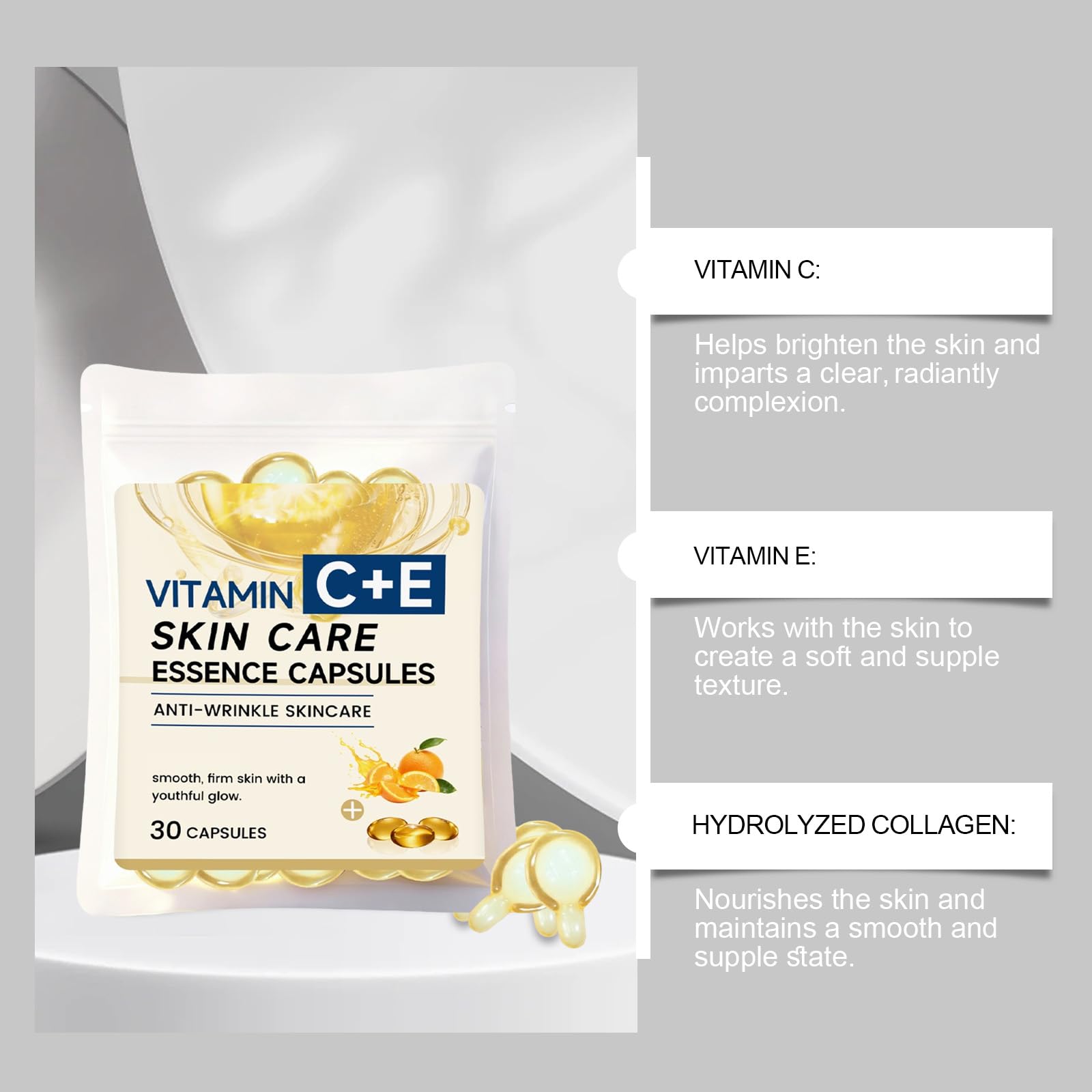 Capsule di siero di vitamina C con collagene, vitamina E siero viso anti-invecchiamento per donne e uomini, alleggerimento della pelle, riduzione delle rughe, macchie scure, linee sottili (180 pezzi)