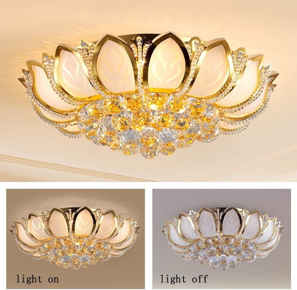 Lampa sufitowa Lotus Crystal – żyrandol wpuszczany w sufit, z pilotem, ze złotymi płatkami LED, do sypialni i jadalni