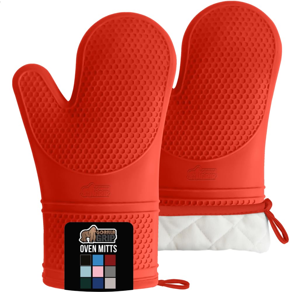 GORILLA GRIP BPA-Free Soft Silicone Oven Mitts, Heat and Slip Resistant Thick Cotton Lined Cooking Mitt Set, Long Flexible Potholders Protect Hands, Kitchen Essential Waterproof Gloves, 12.5" Coral