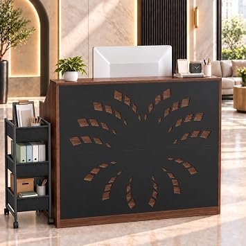 Zevemomo Front Desk Reception Counter with Rolling Cart, Walnut+Black