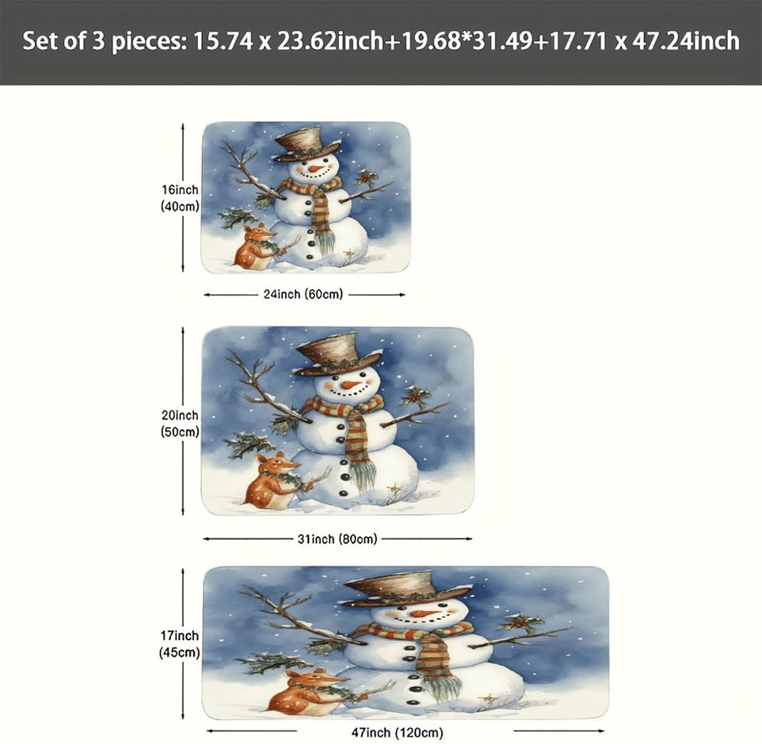 Winter Snowman Kitchen Mats Soft Absorbent Rugs for Floor Non Slip Washable Kitchen Mats Fashion Rectangular Rugs for Three-Piece Set for Laundry Office Home Sink