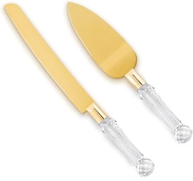 wedding knife and server set gold, Gold Cake Cutter and Pie Spatula, Cake Server and Knife Set of 2 with Crystal Handles, 1.2mm Thick Blades,Cake Cutting Set for Wedding Cake, Birthdays, and Parties