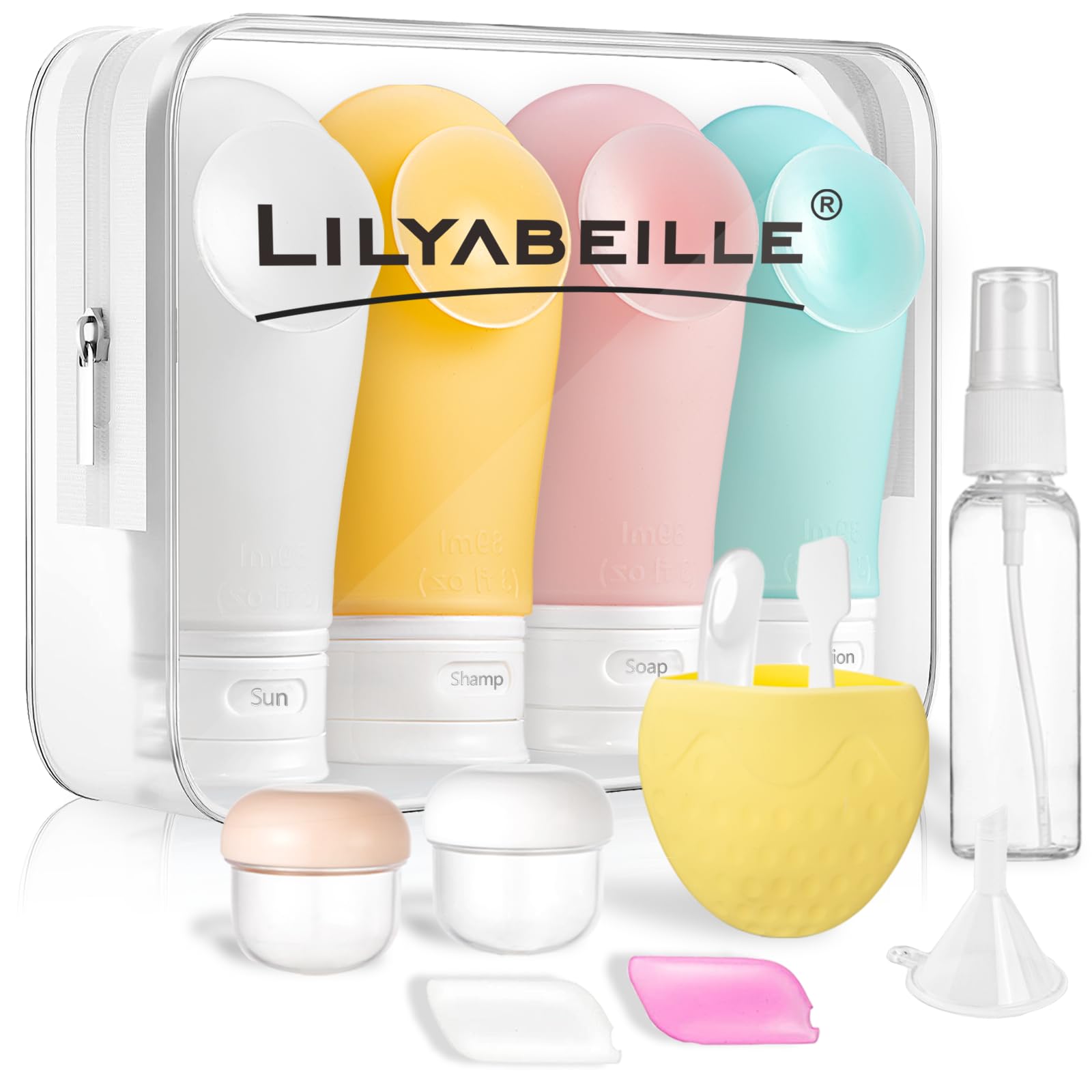 LilyAbeille Travel Bottles - 14 Pack Leak Proof, TSA Approved 3oz Travel Size Containers with Suction Cup, Refillable Toiletry Accessories for Shampoo