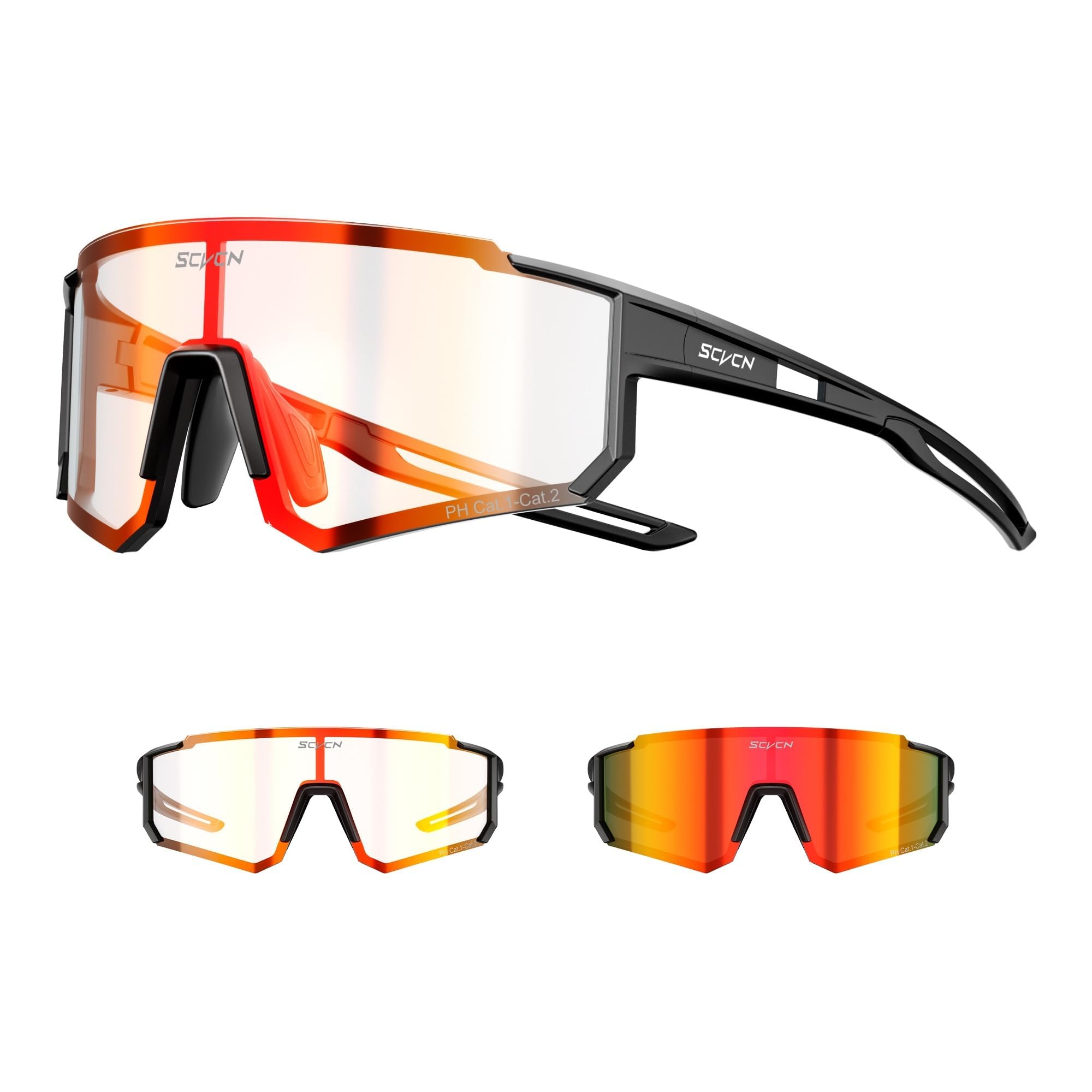 SCVCN Occhiali da ciclismo fotocromatici da uomo e donna, occhiali da bici leggeri avvolgenti con naselli regolabili, protezione UV400 per strada, MTB, gravel e tragitto quotidiano