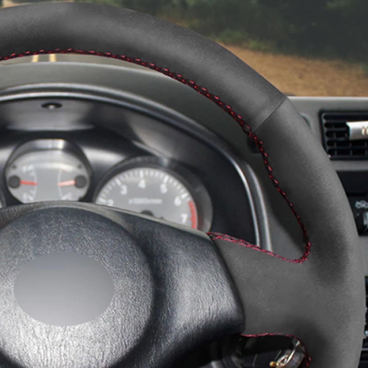 HATHWAY Car Steering Wheel Cover, Black Leather, 14.75 inches, Red