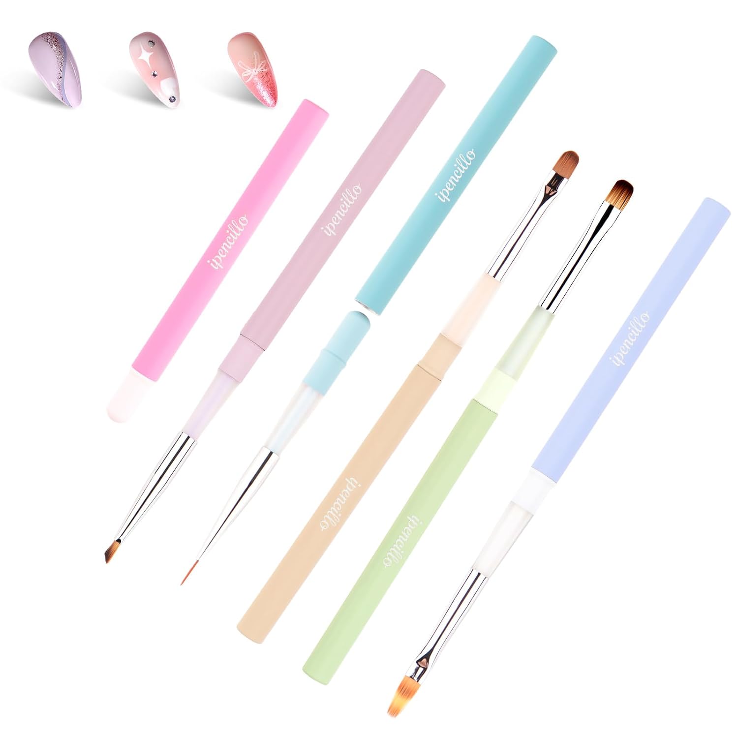 Nail Art Brushes, 6 Pcs Fine Detail Brushes for Nail Design | Removable Protective Caps; Non-Slip Rubber-Coated Handle; Durable Salon-Quality Bristles