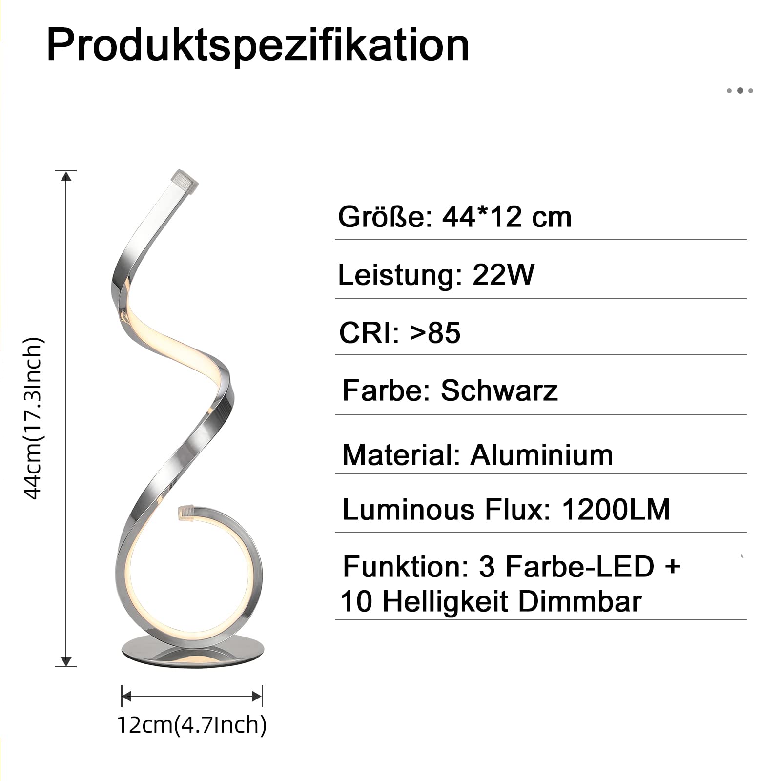 Lampa stołowa LED, spiralny design, 22 W, dotykowa, ściemniana, lampka biurkowa, nowoczesna lampka nocna, ciepła biel, zimna biel, 3 tryby kolorów, 10 poziomów jasności, do sypialni, biura