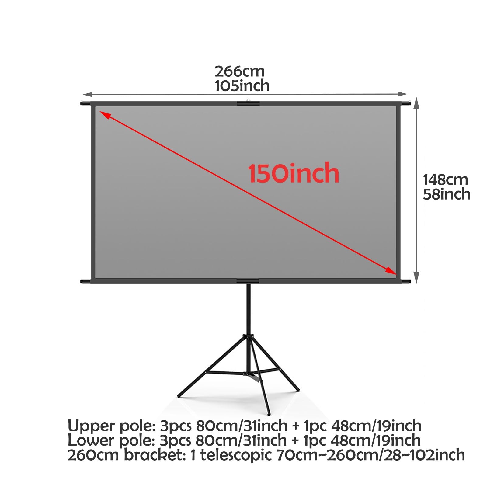 Schermo Proiettore per Esterni 60-120 Pollic con Treppiede, Telo Proiettore Portatile 16:9 4K Full HD, Telo per Proiettore da Muro Regolabile in Altezza con Guadagno 2.5(120inch)