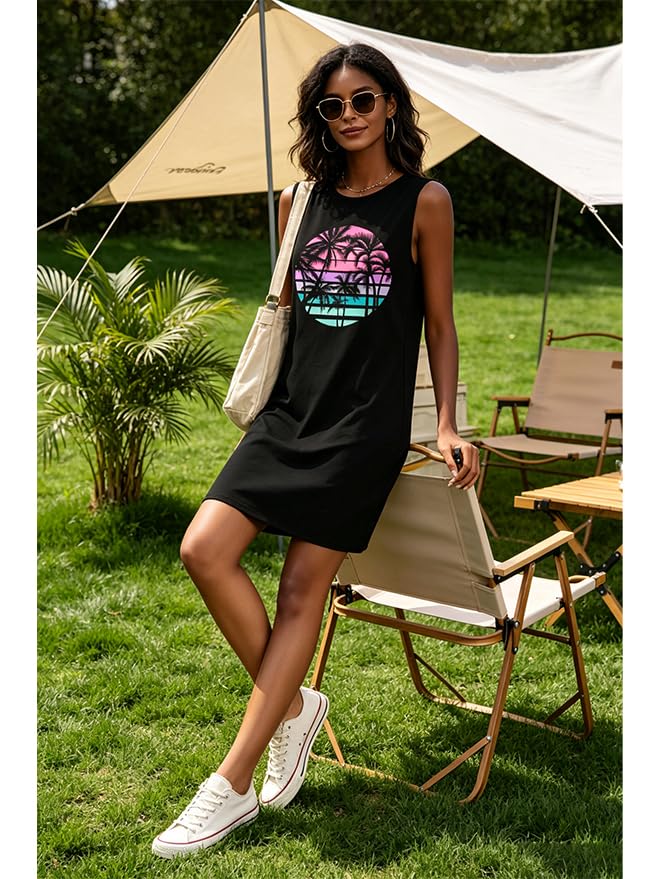 Image of Sun Salt Sand Coconut Tree Tank Mini Dress for Women Sleeveless Beach Praty Shirts Summer Vacation Short Mini Dresses