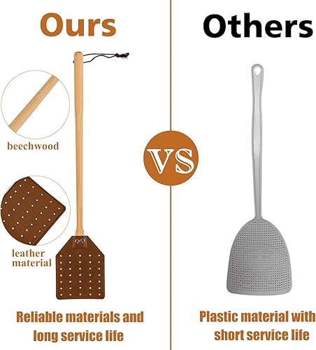 Miniatura 4 de Matamoscas de cuero resistente, matamoscas de mango largo con mango de madera de haya de 19.7 pulgadas de largo, matamoscas para interiores y