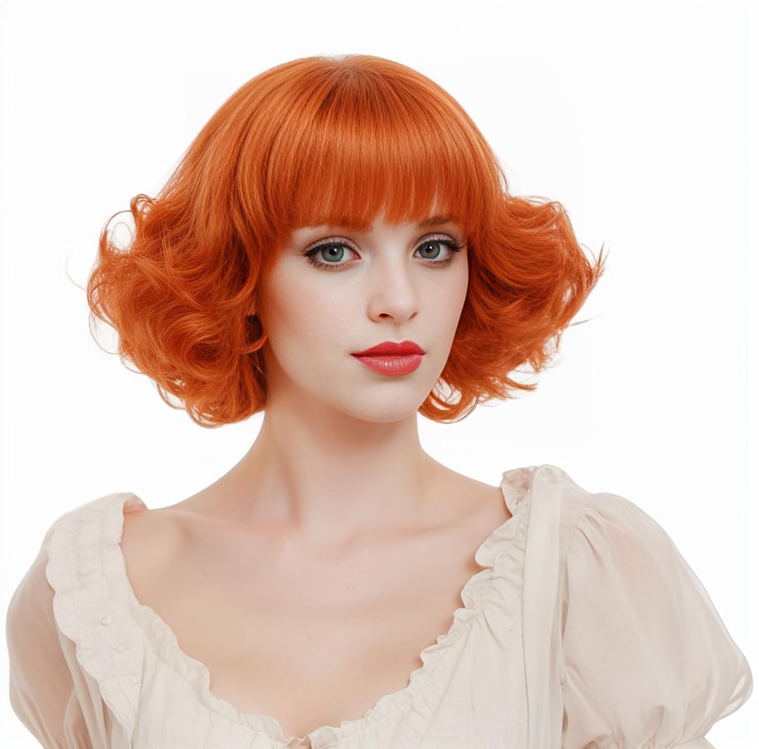 Rugelyss Short Curly Wavy Auburn Copper Red Wig with Bangs Synthetic Ginger Hair Wigs for Women for Cosplay or Party