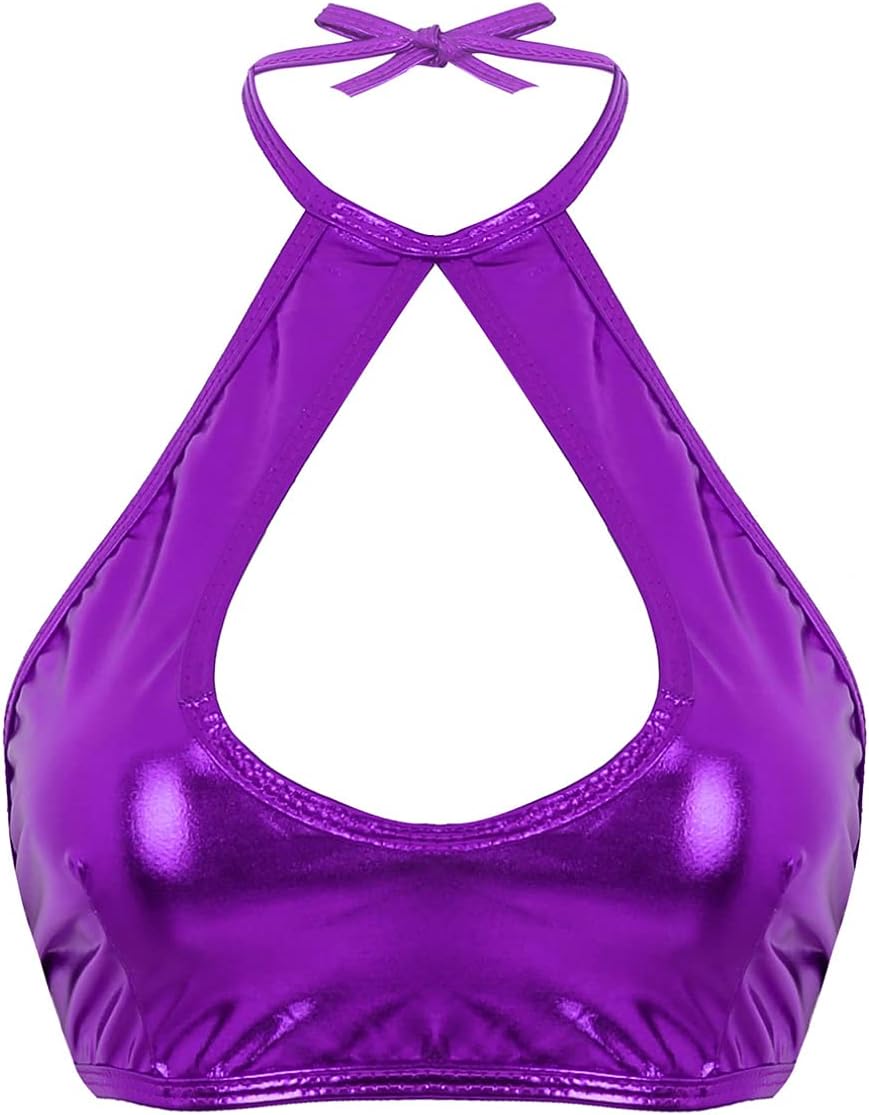 Women Shiny Metallic Bra Tops Halter Neck Lace-Up Brassiere Party Dancing Bralette Clubwear