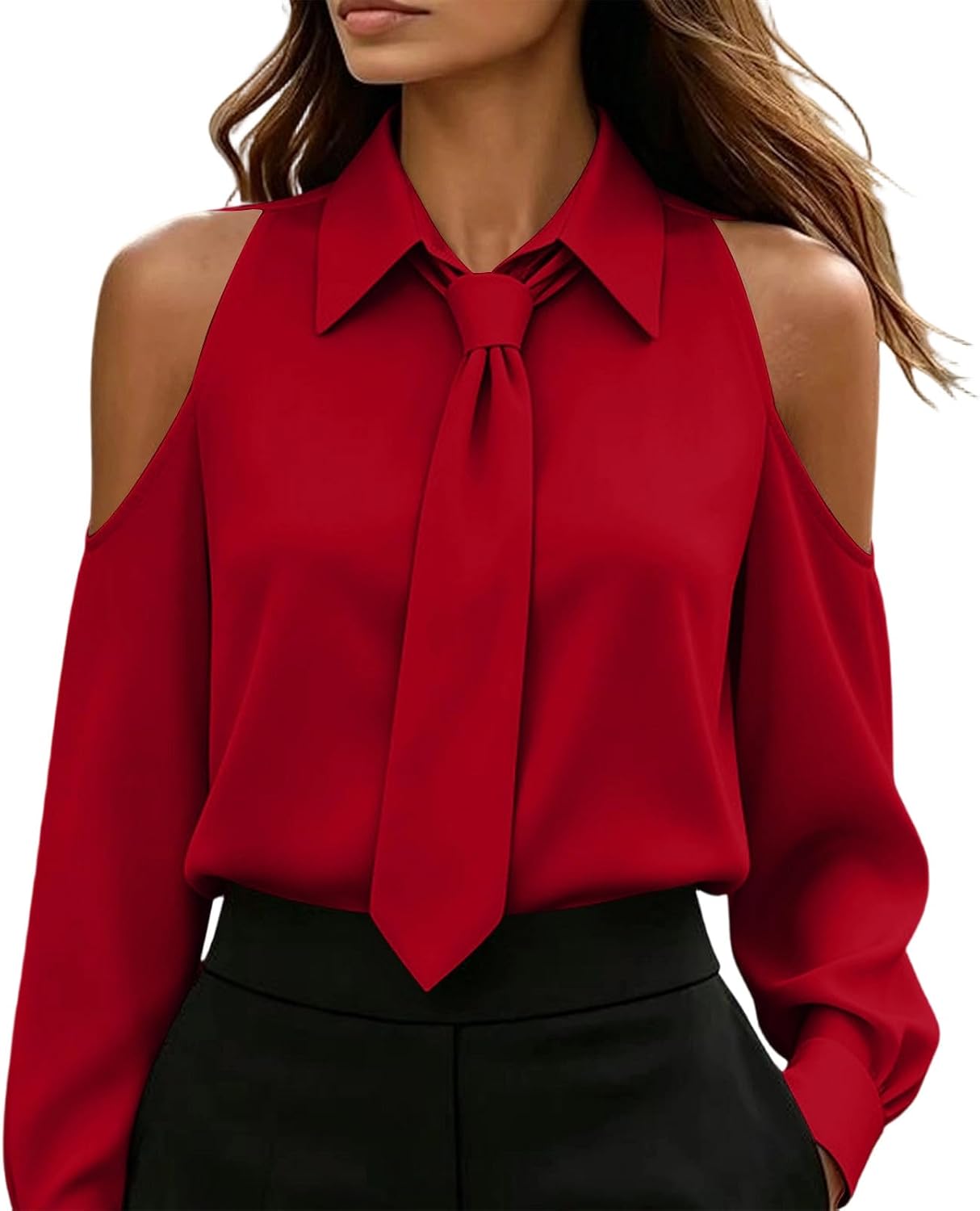Womens Cold Shoulder Tops Long Sleeve Tie Neck Work Blouses | Built In Necktie Details, Elegant Silky Shirts, Chic Cutout Shoulders, Professional Office Wear, Evening Outfits