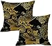 JiangLANY Lot de 2 Housses de Coussin Motif Oriental Floral Chinois 45 x 45 cm Doré Noir Motif Peinture Traditionnelle Chinoise pour Salon, Jardin, canapé, Chaise