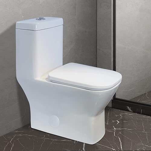 WinZo WZ5029 - Inodoro cuadrado de una pieza con doble descarga de 1.28 GPF alargado, rectangular, cómodo cuenco para baño moderno, color blanco