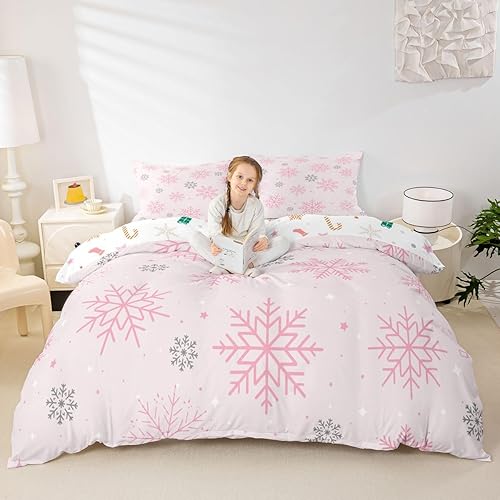 Vista 95 de Juego de funda de edredón rosa de Navidad para niñas, tamaño matrimonial, lindo juego de ropa de cama de dibujos animados de pingüino de Papá Noel