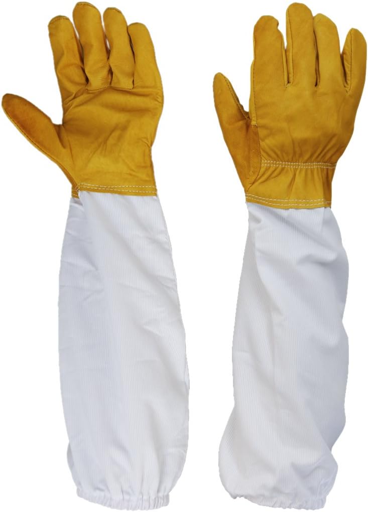 Pair Protective Beekeeping Gloves, Goatskin Bee Keeping with Vented Long Sleeves - Yellow and White, 50cm, 19.68 inch