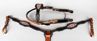 CHALLENGER Horse Bridle Western Leather Headstall Breast Collar Show Tack Beaded 7919