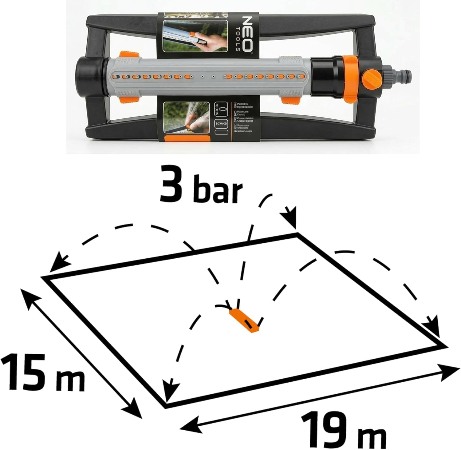 NEO TOOLS Arroseur oscillant de Jardin 18 Buses, Surface d’arrosage Jusqu’à 15 x 19 m, réglage précis de l’Angle et de la Largeur, Cadre Robuste en Plastique
