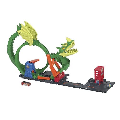 Hot Wheels City Dragón con camión de Bomberos, Pista para Coches de Juguete (Mattel HDP03)