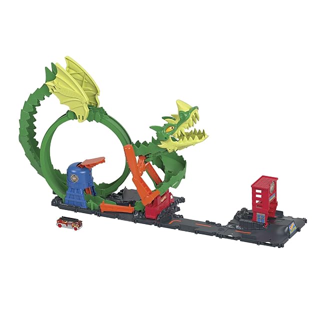 Hot Wheels City Dragón con camión de Bomberos, Pista para Coches de Juguete (Mattel HDP03)