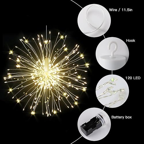 Miniatura 6 de Techip - Cadena de luces de hada para fuegos artificiales, funciona con pilas, luz de cobre, 8 modos, regulable, decoración navideña, luces de hadas
