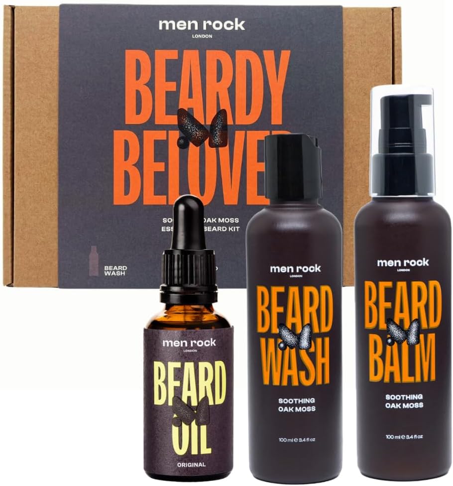 Men Rock Beard Care Gift Set with Beard Wash, Beard Balm and Beard Oil to Keep Beard Under Control, Earthy Oak Moss Fragrance 2 x 100ml, 1 x 30ml