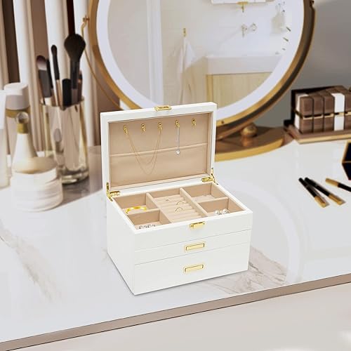 Miniatura 2 de LOYALHEARTDY Joyero de madera grande de 3 capas, organizador grande de joyería para mujeres, 2 cajones de almacenamiento para anillos, collares,