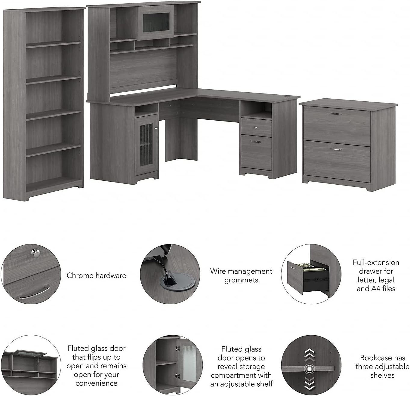 Bush Furniture L Shaped Desk with Hutch, 5 Shelf Bookcase and Lateral File Cabinet | Cabot Collection Corner Computer Table with Storage and Bookshelf | 60Wx23DX37W