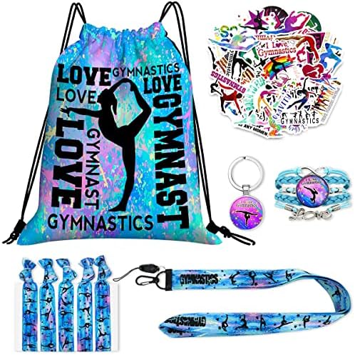 Tolondina Gymnastics Drawstring Bag Gifts Drawstring Sackpack Backpack Stickers Lanyard Keychains Bracelets Hair Ties 6 Pcs